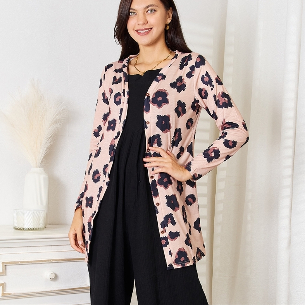 Pink and Black Leopard Print Cardigan